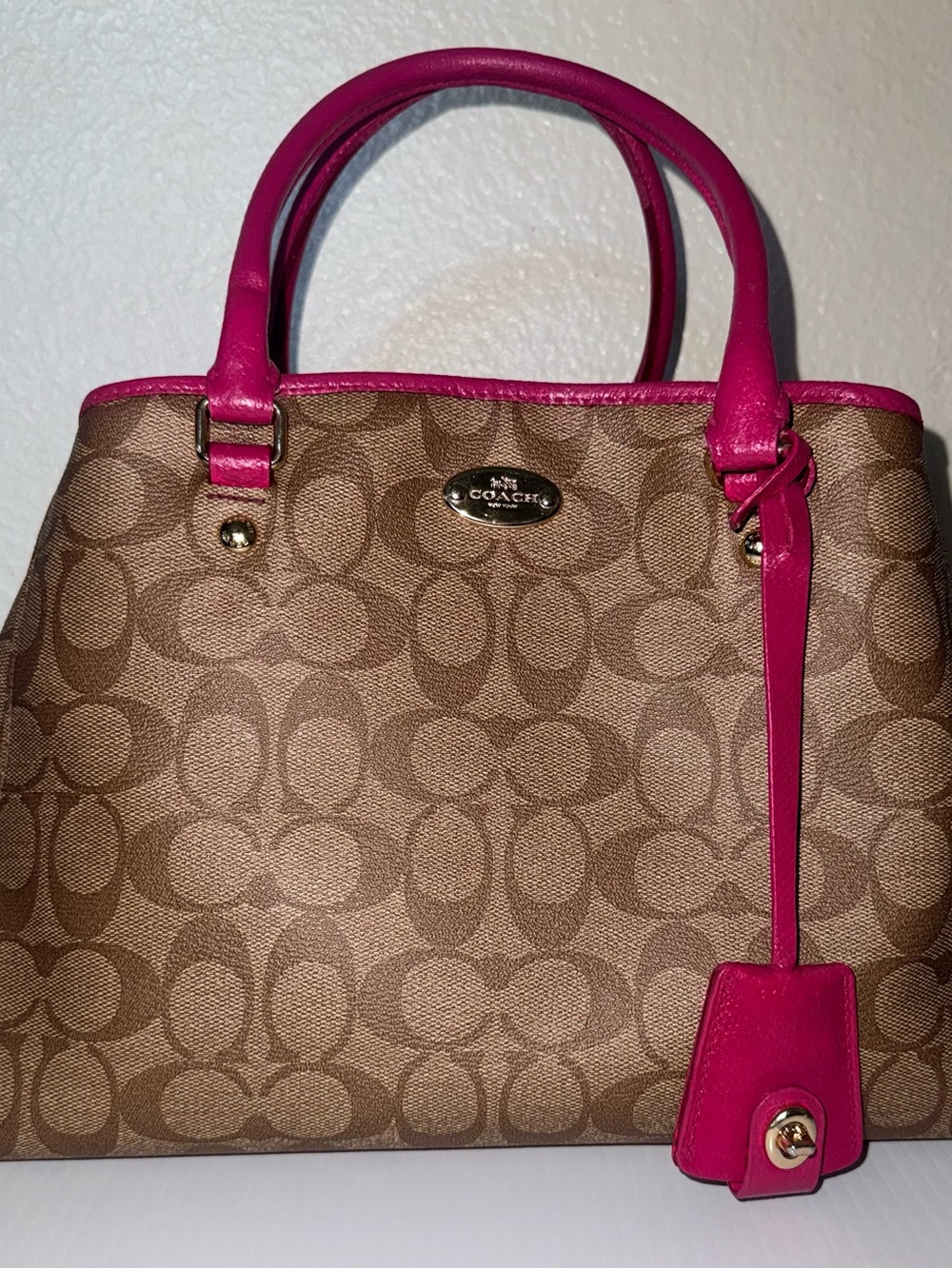 Coach Brown Logo Tote with Hot Pink Trim